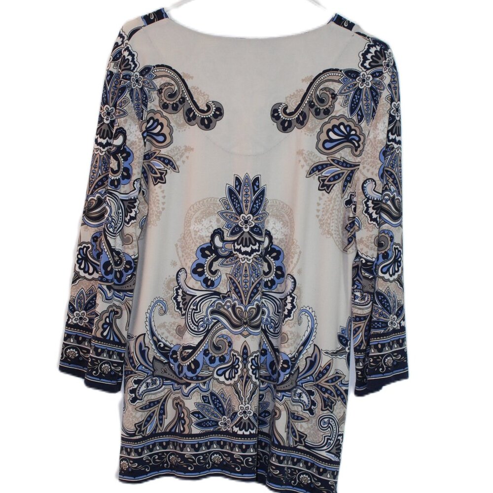 JM Collection Blouse 3/4" Sleeve Blue Cream White Size L Artsy - Picture 2 of 8
